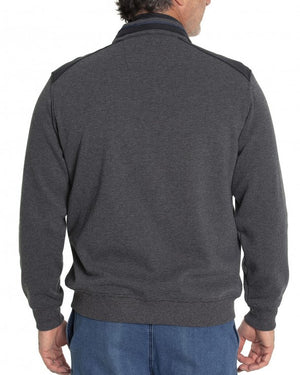A man is wearing the Breakaway Ryan Jacket, a stylish dark gray long-sleeve zip-up jacket with a high collar. He has blue jeans on and is standing with his back to the camera, slightly turned to the side. The background is plain and white.