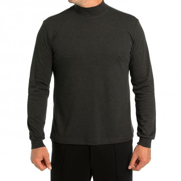 A person is styled in a Breakaway Skivvy, featuring a classic dark gray long-sleeve turtleneck and black pants made from a comfy cotton-polyester mix. The plain white background perfectly highlights this winter wear ensemble.