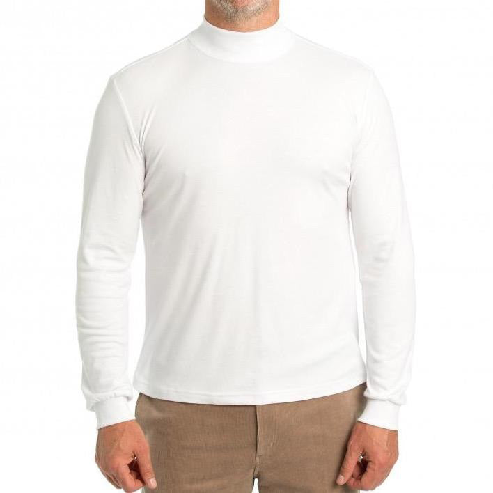 A person is wearing the Breakaway Skivvy, a plain white long-sleeve turtleneck shirt, and beige pants while posing against a white background. The image highlights the upper body and detailed features of the clothing.