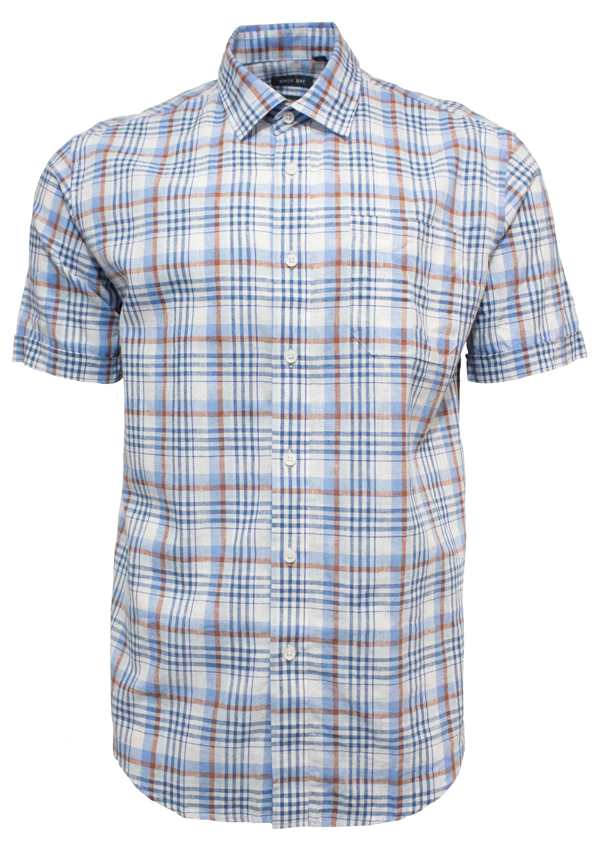 The Back Bay Cotton & Linen Shirt is a comfortable, short-sleeved, button-up casual shirt with a stylish plaid pattern featuring blue, white, light orange, and brown lines. It boasts a pointed collar and a convenient front chest pocket on the left side, making it an ideal choice for any relaxed occasion.