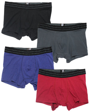 The image displays four pairs of Bamboo Trunks arranged in a grid. The top row includes a black pair and a grey pair, while the bottom row showcases a blue pair and a red pair. Each pair features a black elastic waistband adorned with a repeating lowercase "b" pattern, underscoring the anti-bacterial qualities of these comfortable trunks.