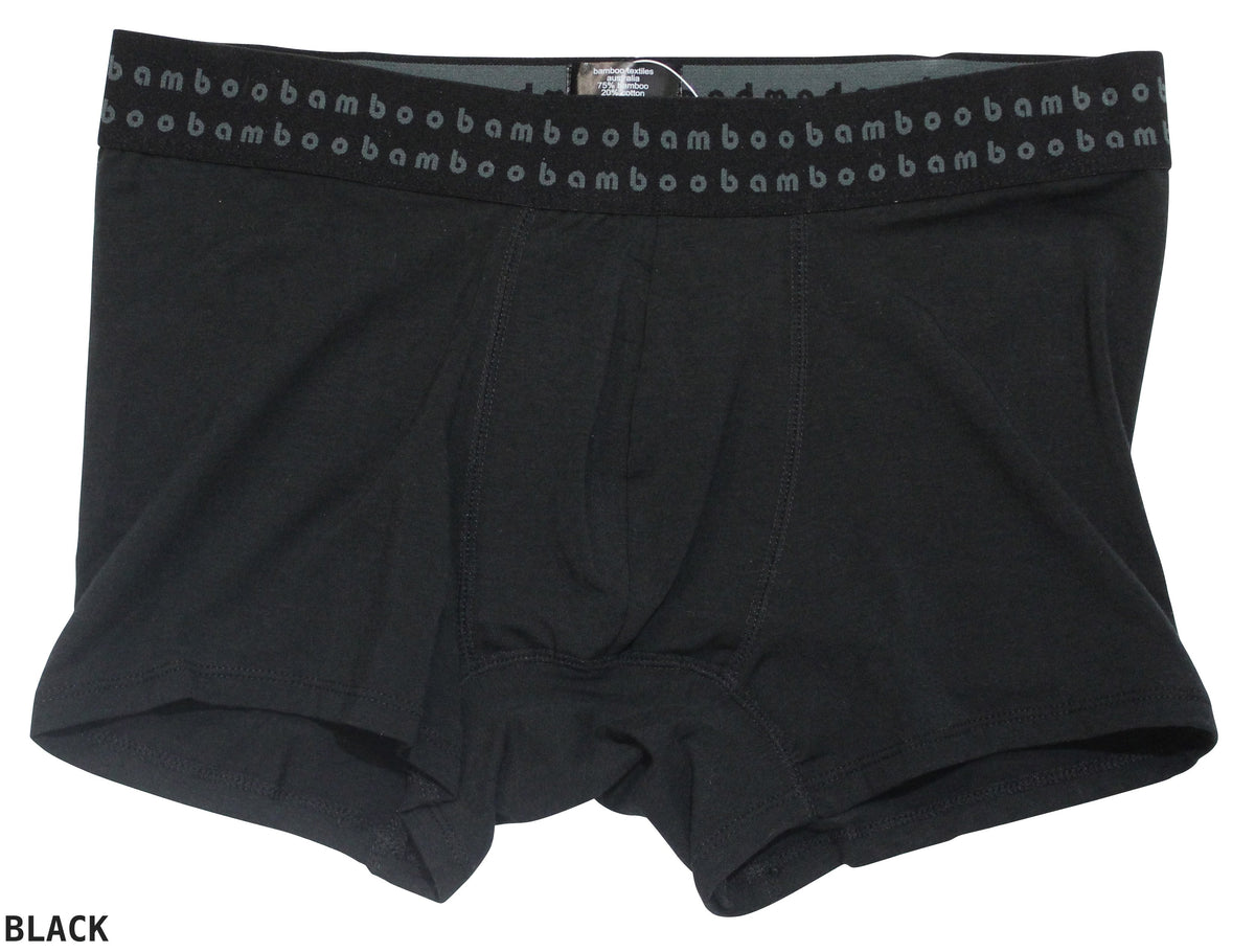 A pair of Bamboo Trunks, men's boxer briefs in black, renowned for their anti-bacterial properties, featuring a waistband with the word "bamboo" repeated in grey text. The word "BLACK" is displayed near the bottom left corner of the image.