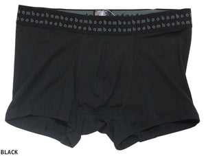 A pair of Bamboo Trunks, men's boxer briefs in black, renowned for their anti-bacterial properties, featuring a waistband with the word "bamboo" repeated in grey text. The word "BLACK" is displayed near the bottom left corner of the image.