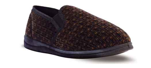 The Twin Gusset Slipper is a brown and black woven slipper with a black sole, featuring a closed toe design and patterned texture. Made from soft materials, these comfortable slippers also include memory foam for extra coziness, with a cushioned sole to enhance comfort further.