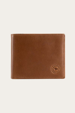 The Ringers Western Bayview Wallet, made from genuine leather, showcases a subtle embossed logo on the bottom right corner against a plain light background. This classic bifold design epitomizes the timeless elegance of Ringers Western craftsmanship.