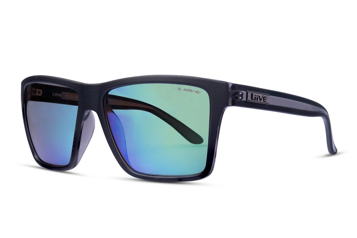 A pair of Liive Bazza Mirror Sunglasses with black frames and blue-tinted mirrored lenses is shown on a white background. The brand name "Liive" is visible on both the temple arms and inside the frames. These sunglasses boast a sleek, modern design with slightly curved arms, providing UV protection and offering polarized grey lens options.