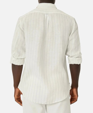 Wearing Industrie The Bilbao Long Sleeve Shirt in light color, a person with rolled-up sleeves is seen from the back, standing against a plain white background.