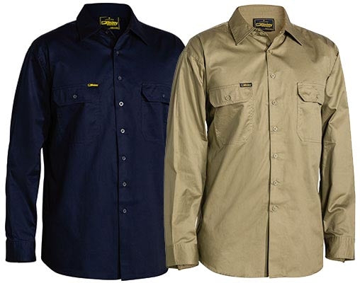 Two Bisley Cool Lightweight Shirts, displayed side by side. The left shirt is dark blue, while the right is beige. Both hard-wearing shirts feature front button closures, two chest pockets with flaps, and a small logo on one pocket. Designed in durable drill cotton for tough tasks.