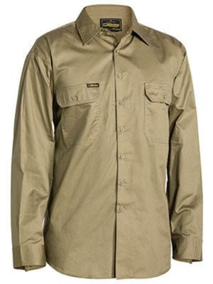 The Bisley Cool Lightweight Shirt is a khaki-colored, long-sleeved, durable shirt made from drill cotton. It includes two chest pockets, a collar, and mesh ventilation for added comfort, displayed on a white background.