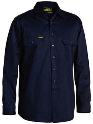 The Bisley Cool Lightweight Shirt is a dark blue long-sleeve button-up displayed on a plain white background. Made from durable drill cotton, it features two front chest pockets with button closures and a small yellow logo above the left pocket. The shirt also includes a classic collar and buttoned cuffs for a timeless look.