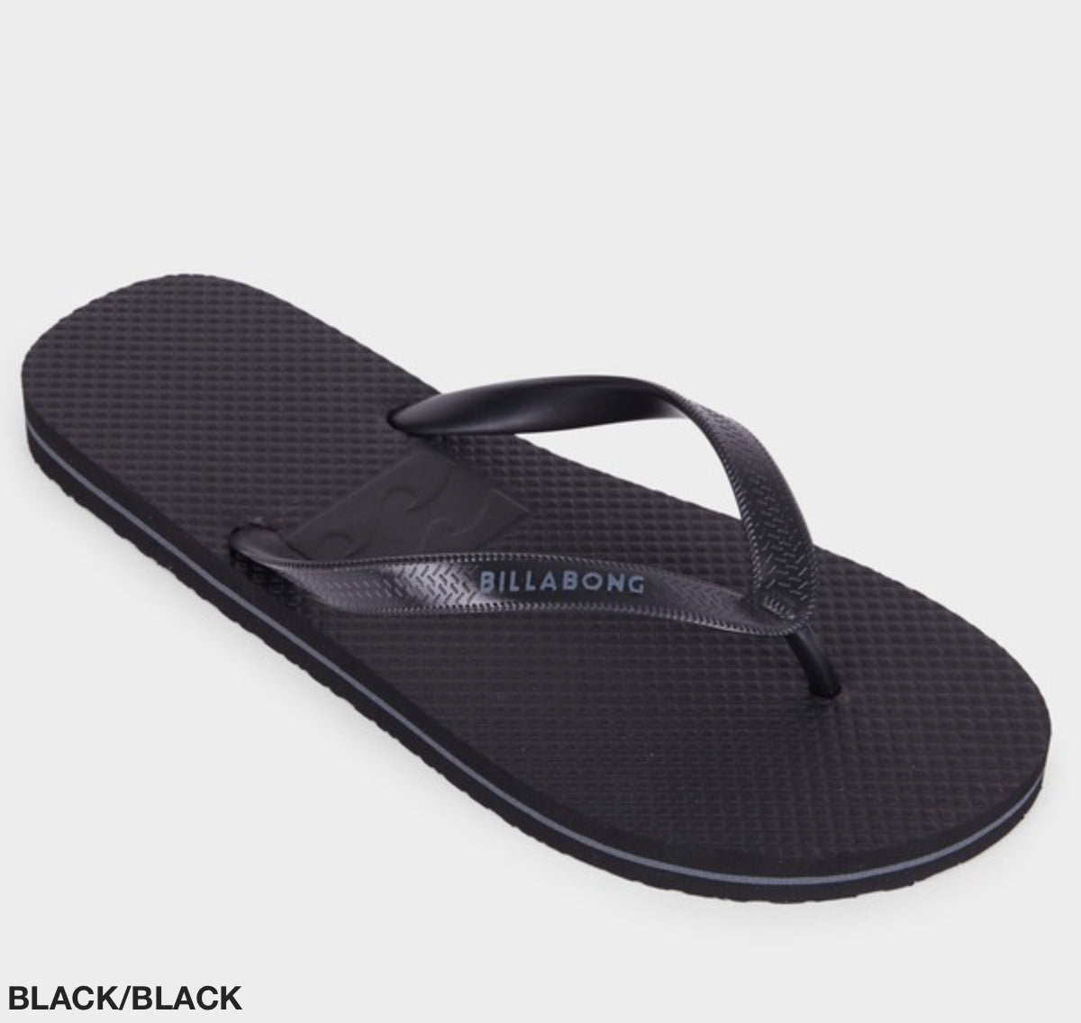 The Billabong Lowdown Splice Thongs feature a black textured sole and molded upper straps. The brand name "BILLABONG" is embossed on the footbed near where the straps attach. The image shows a white background with the text "BLACK/BLACK" in the bottom left corner.