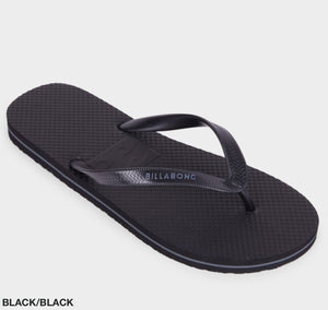 The Billabong Lowdown Splice Thongs feature a black textured sole and molded upper straps. The brand name "BILLABONG" is embossed on the footbed near where the straps attach. The image shows a white background with the text "BLACK/BLACK" in the bottom left corner.