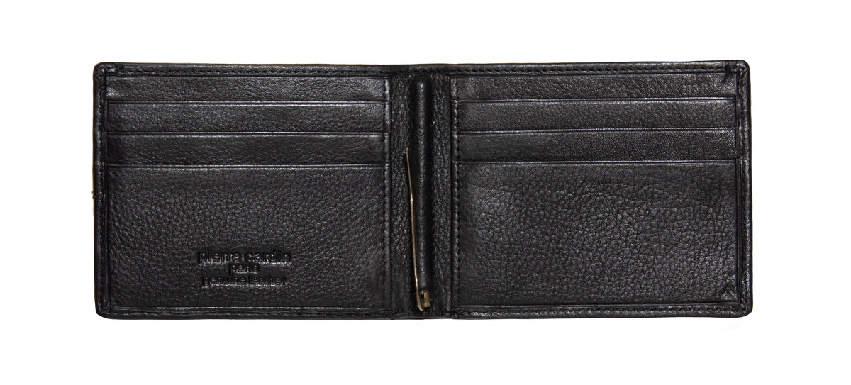 The Pierre Cardin Mens Wallet is an open black leather wallet made from genuine Italian leather, with multiple card slots on both sides, a central pocket, and visible interior texture. It features a small embossed Pierre Cardin label on the left and offers RFID protection for enhanced security.