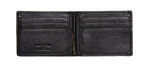 The Pierre Cardin Mens Wallet is an open black leather wallet made from genuine Italian leather, with multiple card slots on both sides, a central pocket, and visible interior texture. It features a small embossed Pierre Cardin label on the left and offers RFID protection for enhanced security.