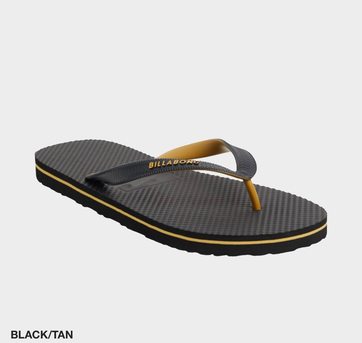 A single Billabong Lowdown Splice Thong with a textured sole and two-tone strap is shown against a plain background. The strap features moulded upper straps, primarily black with a tan underside, displaying the brand name "Billabong Lowdown Splice Thongs." The words "BLACK/TAN" appear in the bottom left.