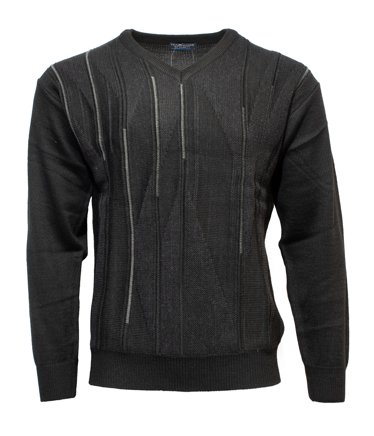 The Ansett Tradewinds Wool Blend Vee Knit is a black V-neck sweater with subtle vertical patterns, crafted from a soft acrylic wool blend. It features long sleeves and fitted rib knit cuffs for a polished look.
