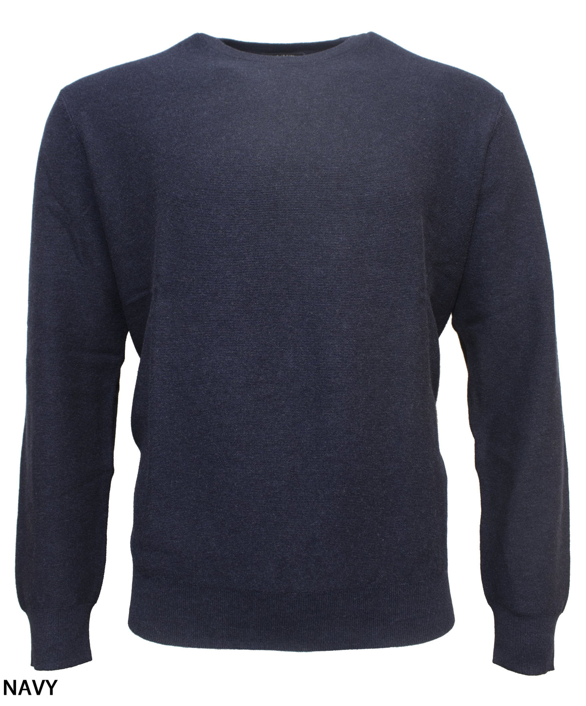 The Blazer Mason Cotton Fashion Crew Neck, a plain navy blue long-sleeve jumper made from 100% cotton, is shown on a white background with the label "NAVY" in the bottom left corner.
