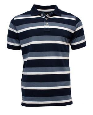 The Pilbara Striped Polo Shirt is a navy blue polo featuring the Ritemate logo and white/light gray stripes. Made from 100% cotton, it includes short sleeves and a collar with a buttoned placket.