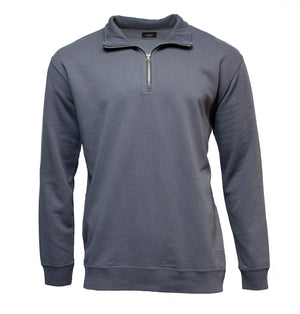A plain, long-sleeved Academy Brand Bondi 1/2 Zip Sweat in blue/black with a stand-up collar and ribbed cuffs, displayed on a white background.