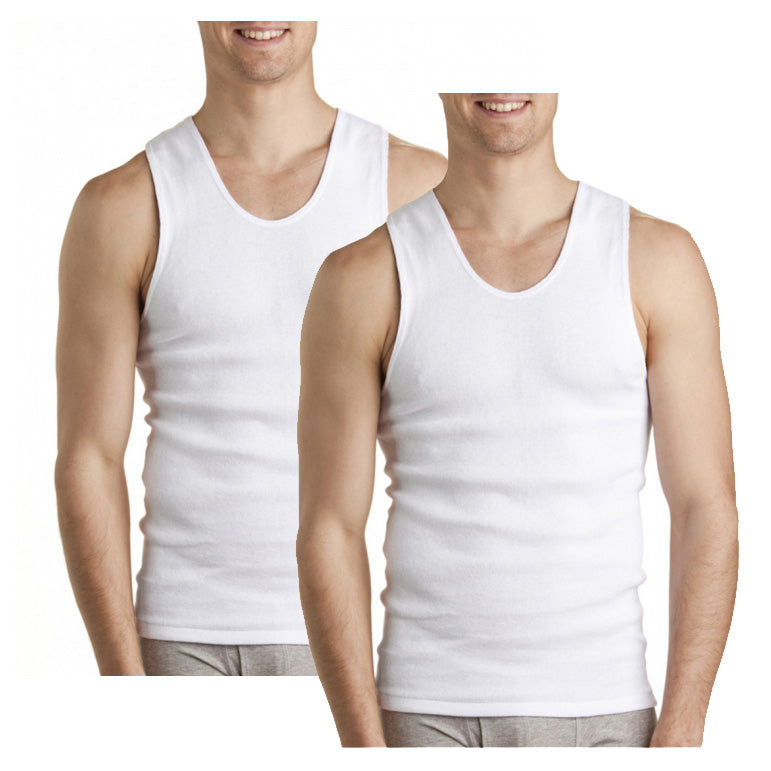 Two men are wearing white sleeveless Bonds 2 Pack Chesty Singlets made from ribbed cotton and light-colored pants. They are standing side by side, facing the camera, showing their upper body and part of their lower body. Both men are smiling. The plain white background highlights the extra comfort they enjoy.