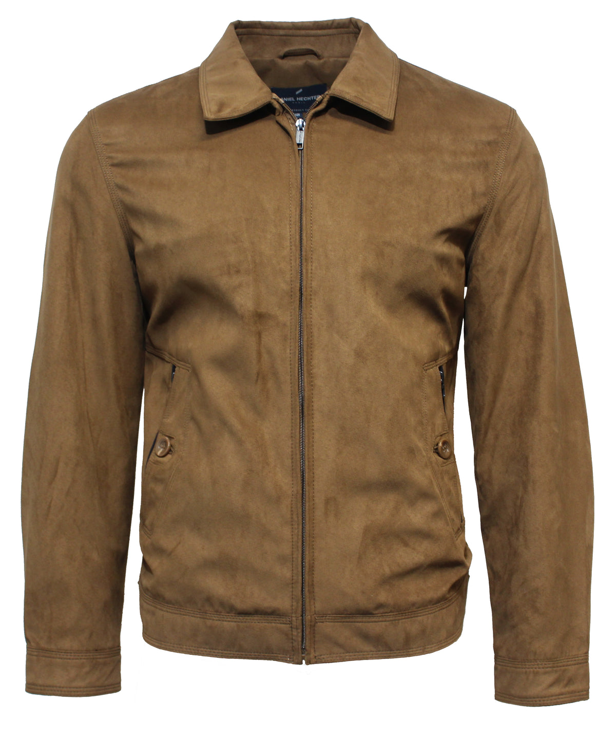 The Boston Colin Jacket by Daniel Hechter is a brown suede piece with a front zipper, two side pockets, and buttoned cuffs. It features a classic collar, smooth texture, slightly fitted design, and contrast lining for added style.