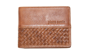 The Pierre Cardin Men's Wallet is crafted from genuine Italian leather with a distinctive woven pattern on the lower half. It features an embossed Pierre Cardin logo in the upper right corner and offers RFID protection for enhanced security.