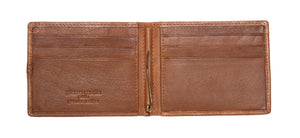 Pierre Cardin men's brown leather wallet features RFID protection, multiple card slots on both sides, a central compartment for bills or receipts, and genuine Italian leather with smooth, slightly textured finish and a stamped logo on the left.