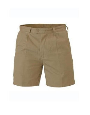 The Bisley Drill Work Short is showcased in beige khaki with a button and zipper closure at the front. The shorts feature belt loops around the waistband and are made from natural cotton. They boast a simple design without visible pockets or extra detailing, and provide UPF50+ sun protection for added comfort and safety.