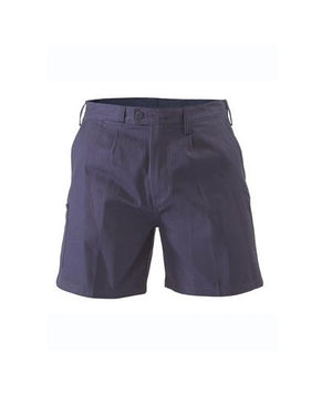 The Bisley Drill Work Short is a pair of navy blue cargo shorts crafted from natural cotton. They feature belt loops, a button closure, and multiple pockets including two side pockets and a cargo pocket on the right side. These work shorts offer UPF50+ sun protection and boast a casual style that is perfect for outdoor or everyday wear.