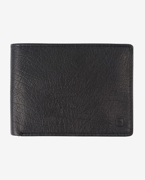 Introducing the Rip Curl K-Roo RFID All Day Wallet, a black bi-fold wallet crafted from luxurious kangaroo leather featuring a subtle textured finish. This minimalist design is free from visible logos, apart from a small embossed emblem in the bottom right corner, ensuring an elegant look. Additionally, it offers RFID protection to keep your cards secure. The background is plain white.