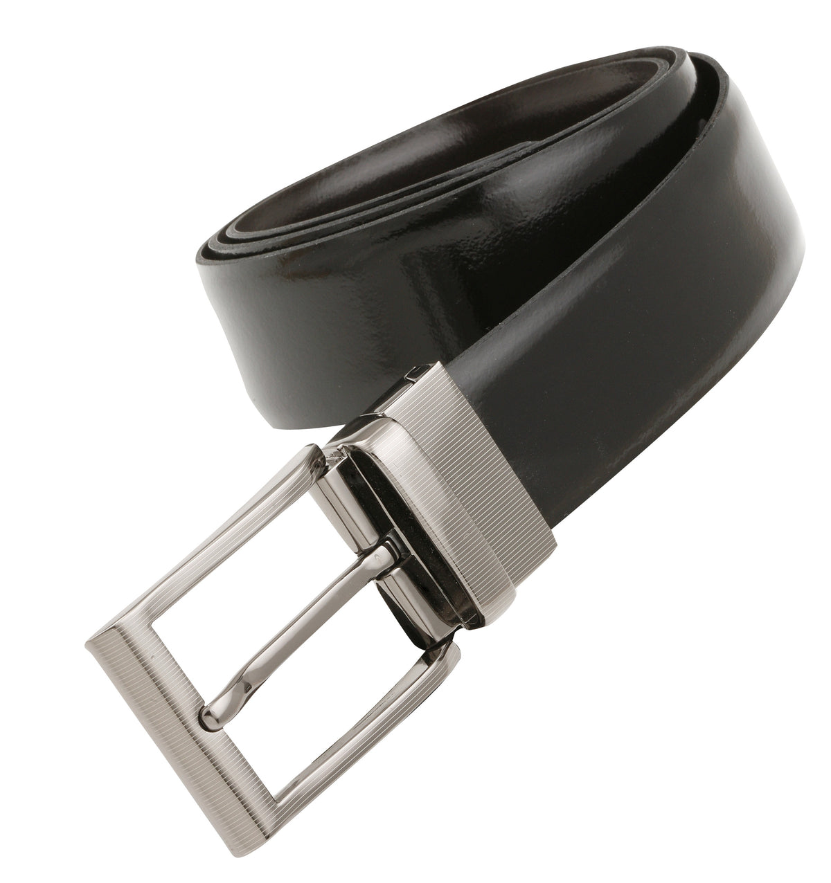 The Buckle Heritage Belt is a black leather accessory with a shiny finish, expertly coiled up. Handcrafted in Australia, it boasts a rectangular, silver-colored metal buckle with a secure pin for fastening. Made from genuine leather, its simple yet elegant design makes it perfect for both formal and casual wear.