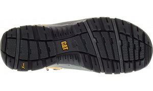 The image shows the sole of a CAT Convex Zip Steel Toe Mid Work Boot in black. The tread pattern features multiple grooves and ridges for grip, emphasizing its slip-resistant quality. The brand name "CAT" is prominently displayed in yellow near the center, and the sole design suggests durability and robustness ideal for steel toe footwear.