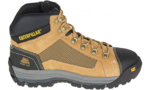 A single CAT Convex Zip Steel Toe Mid Work Boot in tan and black. Crafted from full-grain leather, the boot features yellow laces, a rugged slip-resistant sole, and mesh panels for ventilation. The words "Caterpillar" and "Steel Toe" are proudly printed on the side.