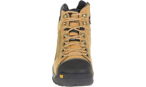 The CAT Convex Zip Steel Toe Mid Work Boot showcased from the front is a tan, high-top work boot crafted from Full Grain Leather, and features black accents on the toe and heel. It has metallic D-ring eyelets, white stitching, and tan laces. The sturdy sole is slip-resistant, with a visible logo tag near the toe area, ensuring durability and reliability.