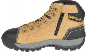 Introducing the CAT Convex Zip Steel Toe Mid Work Boot: a durable tan and black work boot featuring metal eyelets, laces, and a convenient side zipper. Designed with a rugged, slip-resistant sole and reinforced stitching for enhanced durability, this boot also showcases a visible brand logo near the ankle. Crafted from full grain leather, it's built to withstand tough working conditions.