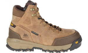 The CAT Device Zip WP CT is a rugged work boot crafted from brown leather with waterproof features, a composite toe, and distinctive yellow "CAT" branding on the tongue and outsole. It features black and dark brown accents, a durable treaded sole that offers slip resistance, and a lace-up design complemented by a secure zip-up closure.