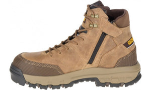 The CAT Device Zip WP CT is a brown leather hiking boot featuring black laces, metal eyelets, and a convenient side zipper. It boasts a rugged, thick rubber sole for superior traction and durability, as well as a composite toe for added safety. The boot is slip-resistant and includes a small yellow and black tag with unreadable text near the ankle area.