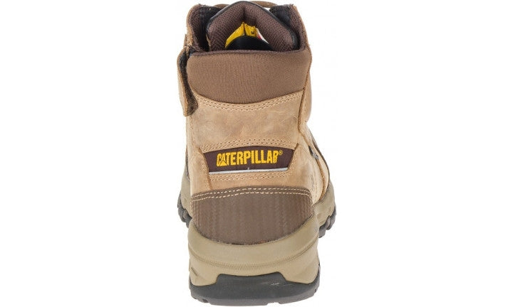 A tan and brown CAT Device Zip WP CT work boot is displayed from the back, showcasing the "Caterpillar" text prominently on the heel. This waterproof boot features a rugged design with a durable sole, dark brown ankle support, and slip-resistant properties.