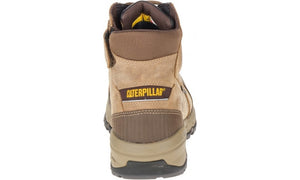 A tan and brown CAT Device Zip WP CT work boot is displayed from the back, showcasing the "Caterpillar" text prominently on the heel. This waterproof boot features a rugged design with a durable sole, dark brown ankle support, and slip-resistant properties.