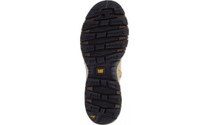 The image showcases the sole of the CAT Device Zip WP CT boot, featuring a rugged black tread pattern engineered for durability and traction. The boot prominently displays the "CAT" logo in yellow near the center, accompanied by an engraved "SRX" mark toward the heel, highlighting slip-resistant technology and waterproof protection.
