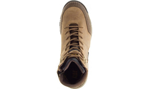 A top view of the CAT Device Zip WP CT work boot in light brown, featuring a composite toe, visible laces, and a reinforced toe area. The interior shows black padding, and the waterproof leather has minor scuffs. The brand "CAT" is visible on the insole of this slip-resistant boot.