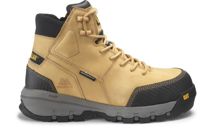 The CAT Device Zip WP CT is a tan and black high-top work boot with a robust and durable design. It features a reinforced toe, sturdy laces, and prominent CAT logos. The thick, textured outsole enhances grip and is slip-resistant for added safety. Additionally, the boot includes a waterproof composite toe for superior protection.