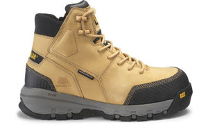 The CAT Device Zip WP CT is a tan and black high-top work boot with a robust and durable design. It features a reinforced toe, sturdy laces, and prominent CAT logos. The thick, textured outsole enhances grip and is slip-resistant for added safety. Additionally, the boot includes a waterproof composite toe for superior protection.