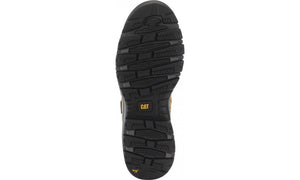The image displays the bottom view of a black outsole from the CAT Device Zip WP CT rugged boot. It prominently features yellow branding with the letters "CAT" and the word "SRX" on the slip-resistant tread. The tread pattern is engineered for durability and superior traction.