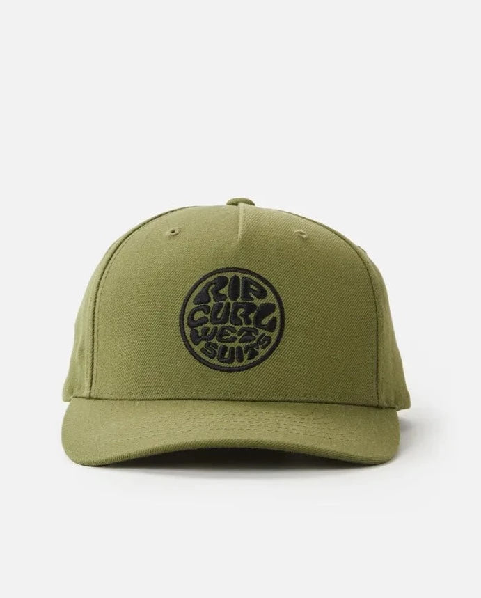 The Rip Curl Wetty Snap Back Cap sports a green design and a round black "RIP CURL WETSUITS" logo. It includes an adjustable strap for a perfect fit, offering both style and comfort against a plain white backdrop.
