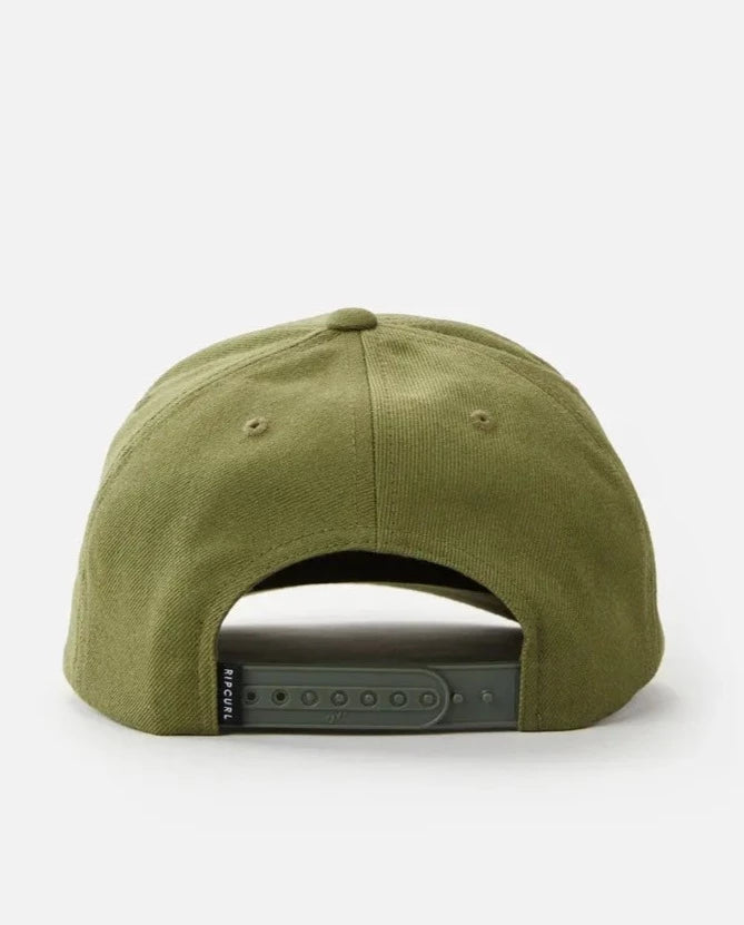 Back view of a Rip Curl Wetty Snap Back Cap in olive green with an adjustable strap, ventilation eyelets, and a button on top, shown against a plain white background.