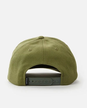 Back view of a Rip Curl Wetty Snap Back Cap in olive green with an adjustable strap, ventilation eyelets, and a button on top, shown against a plain white background.