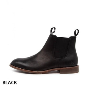 A black leather ankle-length Colorado Brumby Boot featuring elastic sides and pull tabs at the front and back. It has a brown sole with a small, blocky heel, and the word "BLACK" is displayed in the bottom left corner.
