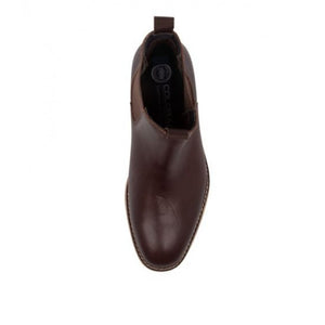 Top view of a single brown Colorado Brumby Boot, showcasing a smooth, polished leather finish, elastic sides, a rounded toe, and a pull tab at the back. The interior is visible with branding text that reads "Colorado" on the insole.