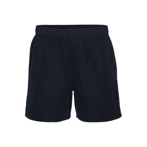 The Canterbury Tonal Tactic Short is a pair of black athletic shorts made from 100% polyester, featuring an elastic waistband, a drawstring, and an abstract design on the right leg. These shorts are plain and unadorned, making them suitable for casual wear or sports activities.